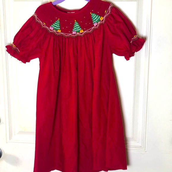 Rosalina Collection Girls Smocked Red Christmas Tree Short Sleeve Dress Size 5 - Picture 1 of 10